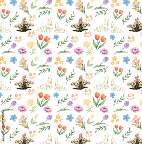 Seamless watercolor floral pattern wallpaper featuring pastel-colored flowers, leaves, and small butterflies. 