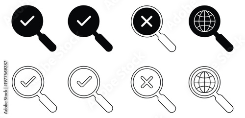 Search icon vector set, magnifier symbols in multiple styles, clean flat and outline design representing search, discovery, and find functionality for apps, websites, and UI interfaces.