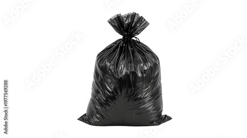 Full black plastic garbage bag tied at the top with realistic polyethylene texture on a transparent background