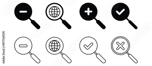 Search icon vector set, magnifier symbols in multiple styles, clean flat and outline design representing search, discovery, and find functionality for apps, websites, and UI interfaces.