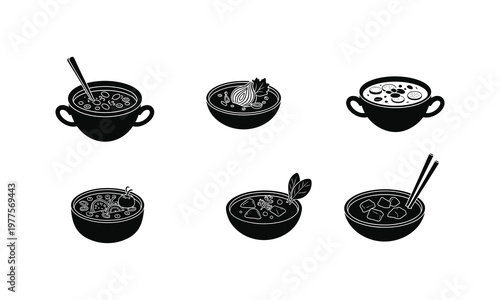 Six distinct bowls of traditional hand-drawn soups and stews illustration