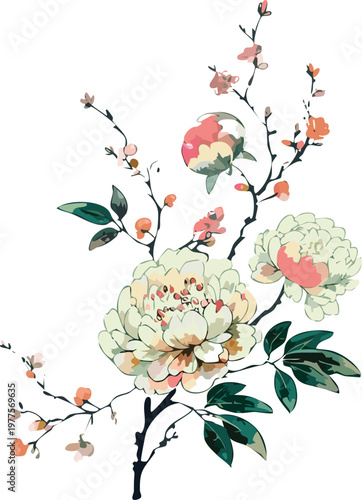 Chinese asian style watercolor painting of white peonies blossom, stylized brush strokes transparent vector digital illustration of botanical flowers, floral drawing japanese ink wash gouache graphic 