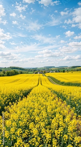 Blooming rapeseed field under blue sky. Agricultural landscape with yellow flowers in spring season. Countryside path leading to rural house. Natural environment for travel and farming.