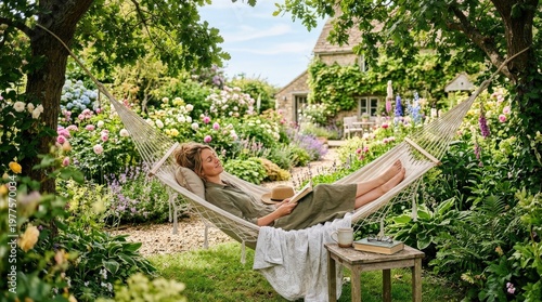 Woman relaxing in a hammock amidst a vibrant English country garden in bloom