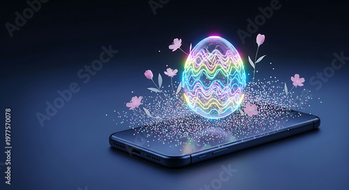 Futuristic glowing neon Easter egg hovering above a modern smartphone screen with pink spring flowers and magical sparkling particles. 3D render digital art, cyber and holographic style.
