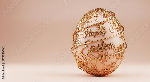 Luxurious 3D Easter egg decorated with intricate golden floral wireframe patterns and Happy Easter typography on a soft peach background. Elegant premium 3D rendering style.