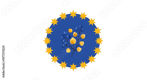Creative circular emblem with yellow stars featuring branches of blueberries and physalis on a blue background, merging nature with EU symbols. Minimalist flat vector illustration style.