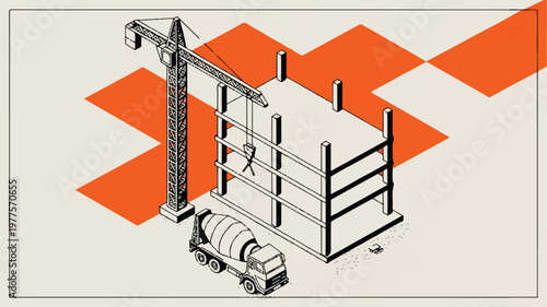 construction site with crane and cement mixer truck