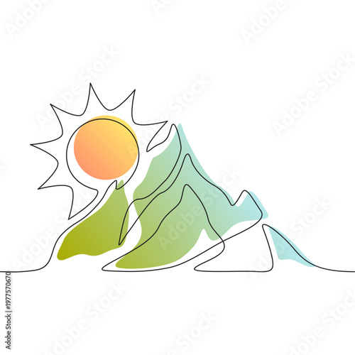 Minimalist Mountain Landscape Vector – Continuous Line Sun and Peaks Illustration
