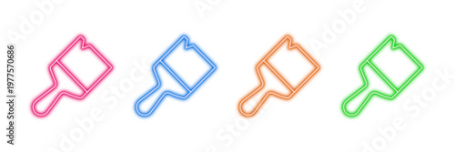 Neon glowing paint brush vector icons set, painting, art, creativity, design, tools, artistic, vibrant, digital illustration on transparent background.