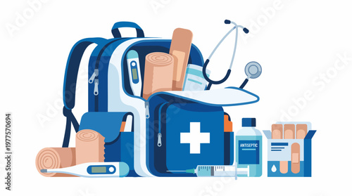 This image showcases a medical backpack filled with essential first aid supplies like bandages, antiseptics, and a stethoscope, symbolizing care and preparedness.