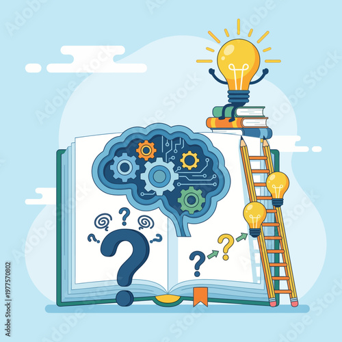 An artistic representation of an open book with a brain and light bulbs above it, symbolizing creativity, knowledge, and the pursuit of learning.