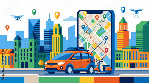 This image portrays a vibrant urban landscape centered around a smartphone displaying a map, reflecting modern navigation and transportation trends in cities worldwide.