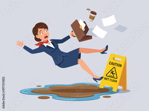 An illustration depicting a woman falling on a wet floor, highlighting workplace safety and the importance of caution signs in preventing accidents.