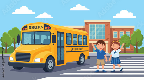 Two cheerful children wave goodbye to their parents as they stand next to a bright yellow school bus, symbolizing the start of a new school day and the joy of learning.