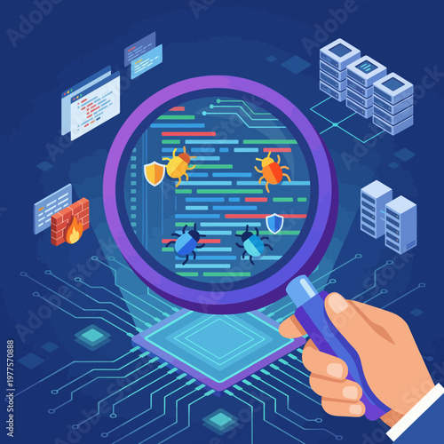 This illustration depicts a magnifying glass focusing on code with bugs and protective shields, representing cybersecurity and the importance of debugging in tech.