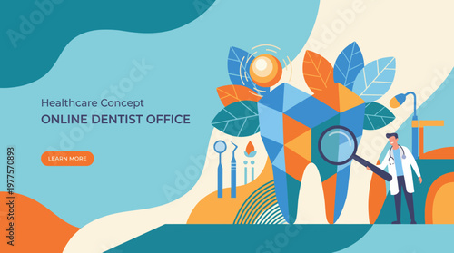 This bright illustration emphasizes an online dentist office concept, featuring a colorful tooth and a dentist, symbolizing the evolution of healthcare through digital solutions.