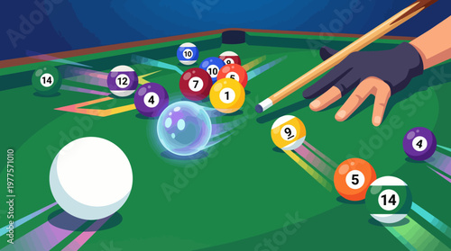 An action-packed scene of a hand about to strike a cue ball on a pool table filled with colorful billiard balls, representing skill, sport, and competition in leisure.