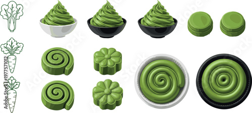 Matcha dessert vector illustration set featuring green tea ice cream mochi rolls and sweets with aesthetic Japanese style isolated
