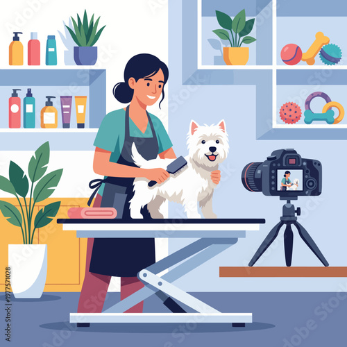A cheerful groomer styles a white dog in a pet grooming salon, capturing the special moment on camera, showcasing care, professionalism, and love for pets.