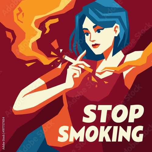 An impactful illustration encouraging the cessation of smoking, featuring a young woman thoughtfully contemplating her choices amidst colorful graphics representing freedom and health.