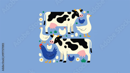 Cows chickens and ducks on a farm with flowers and grass