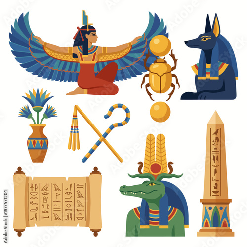 A colorful illustration of ancient Egyptian symbols, including gods, artifacts, and hieroglyphs, showcasing the rich mythology and history of one of the world's oldest civilizations.