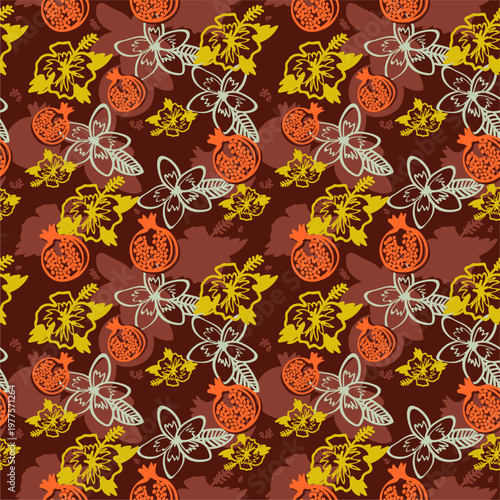 Exotic flora seamless vector pattern. Exotic flowers hand drawn pattern in doodle style