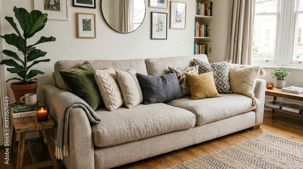 Fototapeta premium Cozy living room with a comfortable sofa adorned with various decorative cushions and throws