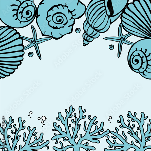Sea vector frame. Marine life hand drawn elements in doodle style