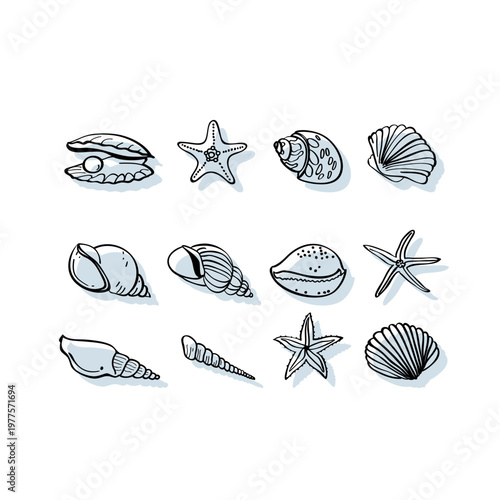 Sea life hand drawn vector illustrations. Vector set with marine life.