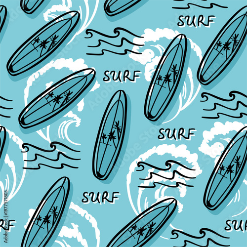 Surfboard seamless vector pattern. Surf hand drawn pattern in doodle style