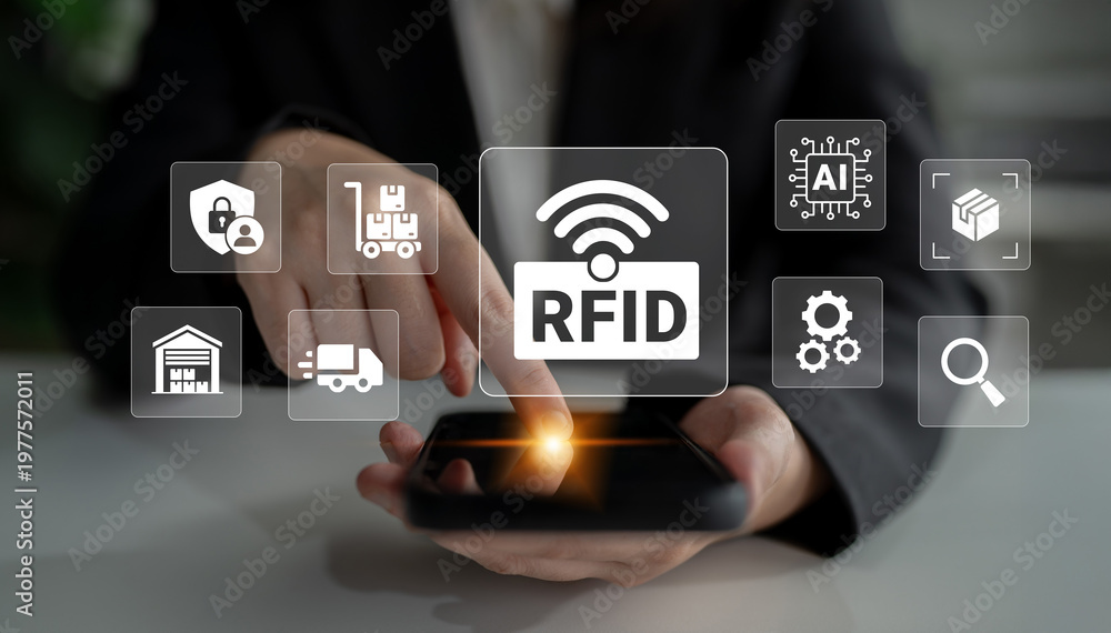 Fototapeta premium A business professional operates a smartphone displaying RFID technology features, surrounded by icons that represent logistics, security, and artificial intelligence advancements. Ledger