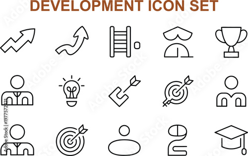Development icon set with various business and education symbols