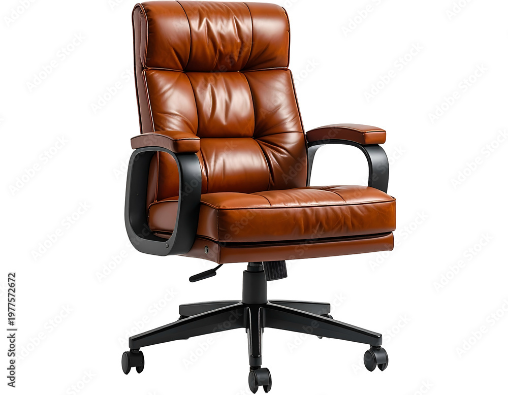 Obraz premium Padded brown leather office chair with armrests on wheels