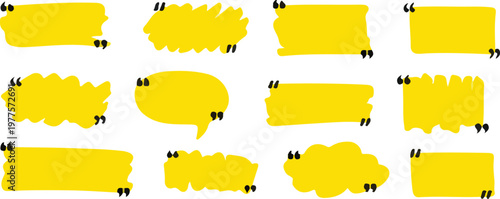 bright yellow flat vector quote text box speech bubble banner set with black quotation marks for social media testimonial presentation advertising blog and marketing graphic design