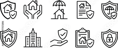 Home Insurance and Property Protection Line Icon Set, Security, Coverage, Real Estate Safety Symbols Collection, House, Shield, Policy Icons for Web Design, Mobile Apps, UI, and Insurance Services