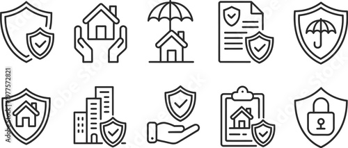 Home Insurance and Property Protection Line Icon Set, Security, Coverage, Real Estate Safety Symbols Collection, House, Shield, Policy Icons for Web Design, Mobile Apps, UI, and Insurance Services