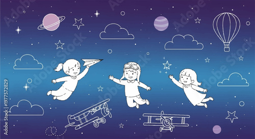 Childrens Day celebration drawing with kids flying like astronauts in chalk style on dark cosmic background