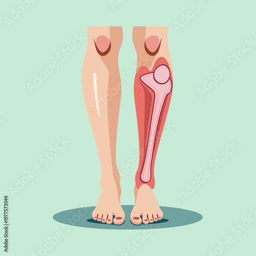 An illustration of lower legs on a mint background with a red inflamed tibia bone. This medical diagram depicts shin splints or a stress fracture, with copy space.