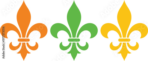 Three stylized fleur-de-lis symbols in different colors arranged horizontally