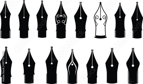 Fountain pen nib silhouette illustration, writing tool artwork, calligraphy design concept, ink flow symbol graphic, black white stationery representation