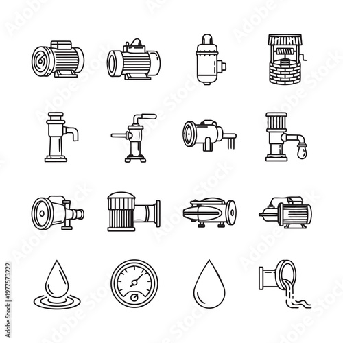 Water Pumps and Well Icons Set: Various Types and Components for Fluid Transfer and Supply