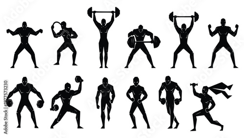 Black silhouettes of muscular men performing various exercises with dumbbells and barbells in dynamic poses showcasing strength and fitness