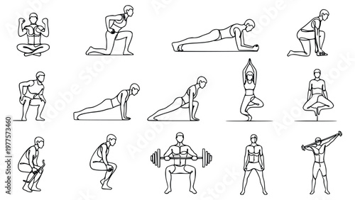 Various people doing different yoga and gym exercises in simple line art style for fitness and health concepts