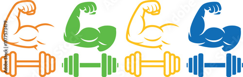 Colorful illustrations of flexing arms paired with matching dumbbells