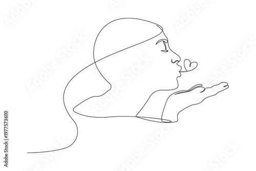 Blowing a kiss minimalist continuous line art isolated outline vector illustration romantic gesture