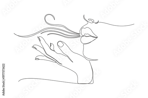 Blowing a kiss minimalist continuous line art isolated outline vector illustration romantic gesture