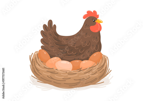Cute hen on the nest with eggs.