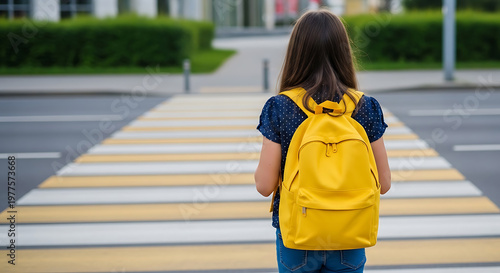 A young girl with a yellow backpack walking towards a school building on a back to school day with copy space